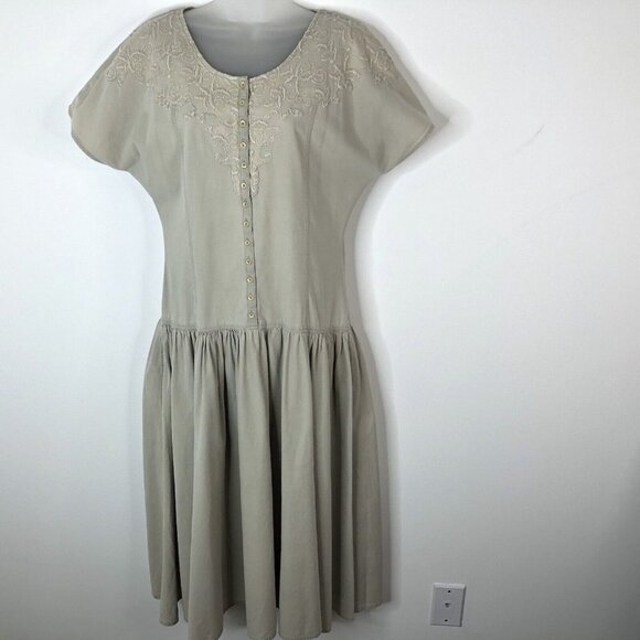Together Womens Cotton Twill Dress Sz 6M Tan Country Western Drop Waist Buttons - Picture 1 of 12